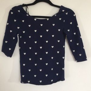 Blue scoop back long sleeve tee with white hearts